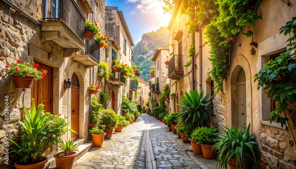 Naklejka premium Sunny Italian alleyway with flowers (1)