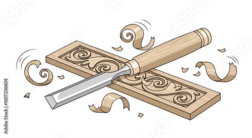  Wood carving chisel with ornate panel and shavings illustration