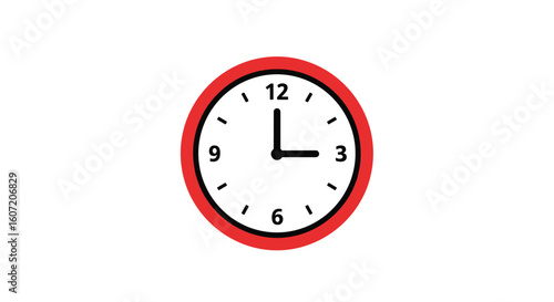 A classic red analog clock face showing three o clock with white background and bold numerals and hands