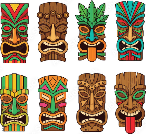 Colorful tribal Tiki mask collection, traditional Polynesian wood carving design, decorative faces set, cad drawing, flat vector illustration, cultural ethnic artwork.