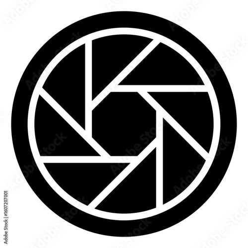 Camera Lens Glyph Black Silhouette Icon Vector Design - Circular camera lens aperture symbol, representing photography, focus, or camera equipment