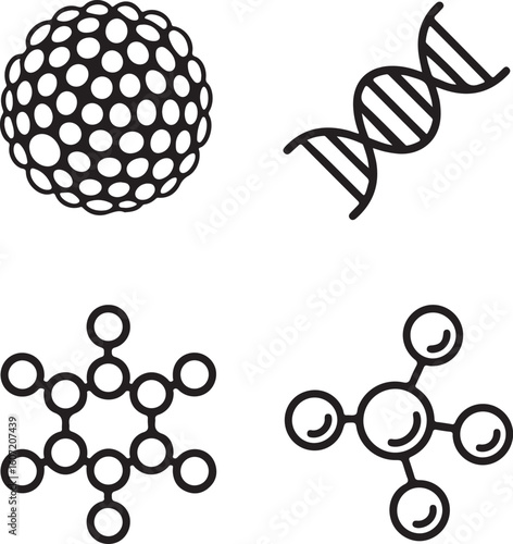 Lipid Nanoparticle Delivery Icons — Line Style Set of LNP Vesicle, mRNA Strand, PEG Lipid, and Ionizable Lipid