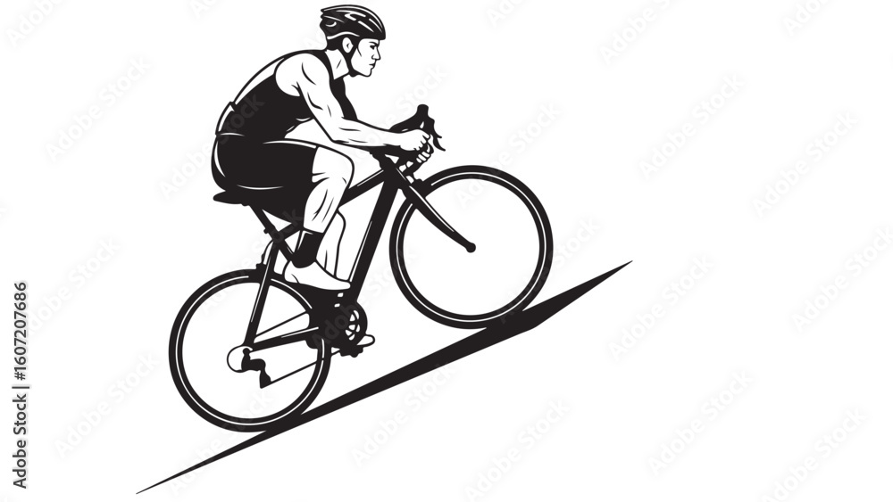 Obraz premium Cyclist riding a bike uphill, vector illustration in black and white