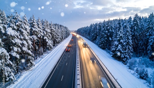 Snowy highway through winter forest
