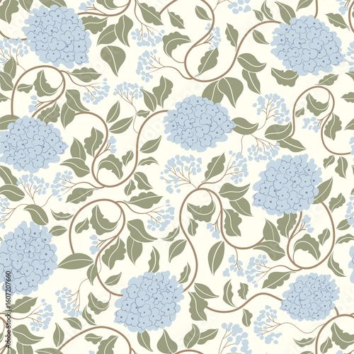 Minimalist contemporary floral seamless pattern. Pattern of blue hydrangea flowers on white background. Suitable for print, poster, postcards, web design, wallpaper. Vector. Vintage background.