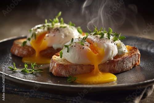Delicious eggs benedict with runny yolk on toasted bread, ready to eat.