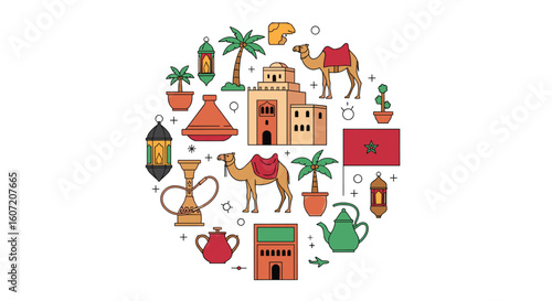 A circular arrangement of moroccan cultural symbols and landmarks in a pixel art style