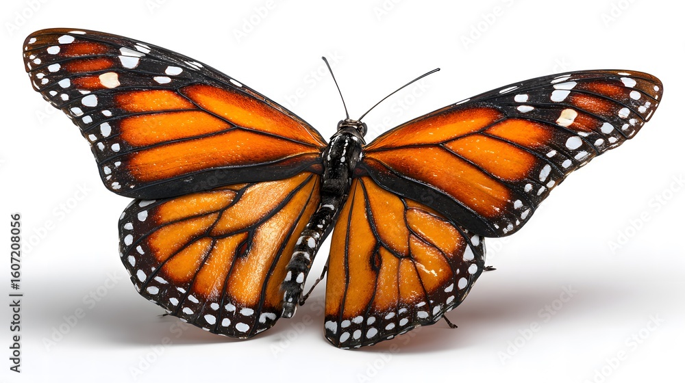 Fototapeta premium Close up view of a vibrant monarch butterfly with intricate wing patterns against a white background
