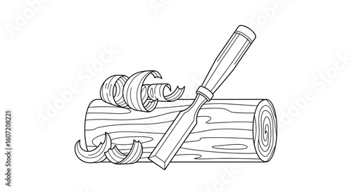  Wood log with chisel and shavings in black and white outline