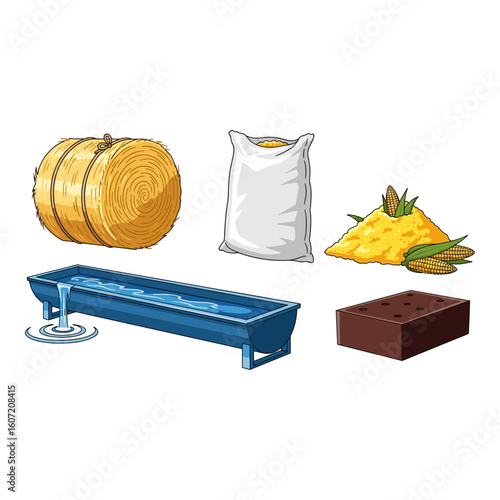 Farm Supplies: Hay, Feed, Water Trough, and Corn