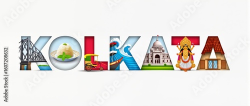 Vibrant Kolkata Landscape Featuring Iconic Foods, Culture, and Landmarks in Letters