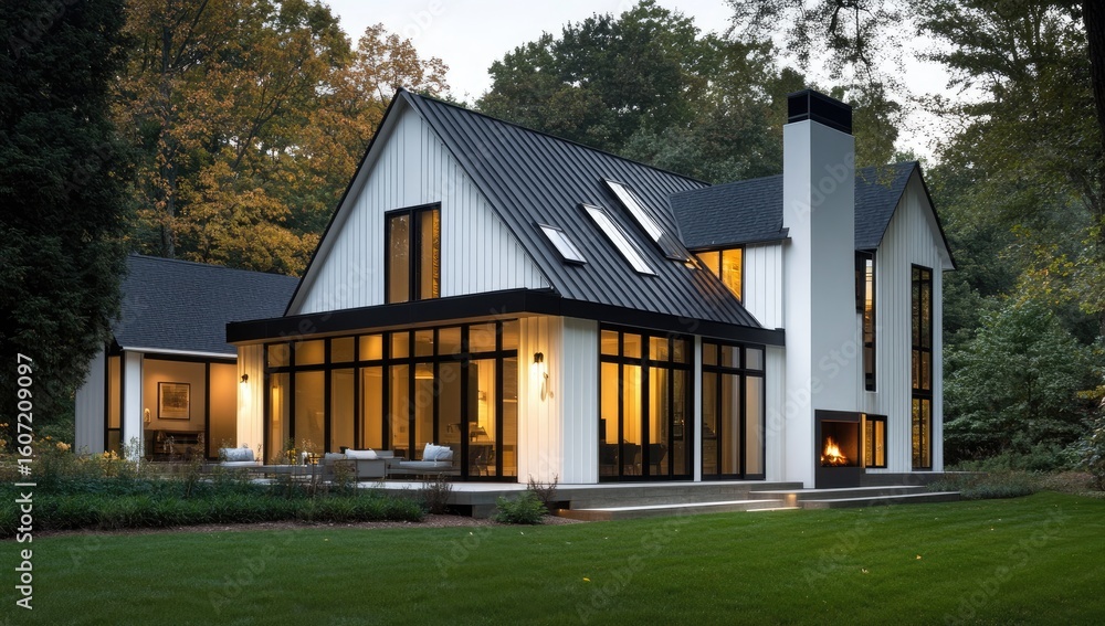 Obraz premium Modern farmhouse home at twilight, featuring a black metal roof, white siding, and large windows