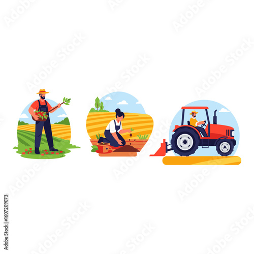 Farmers working in fields with tractor and crops
