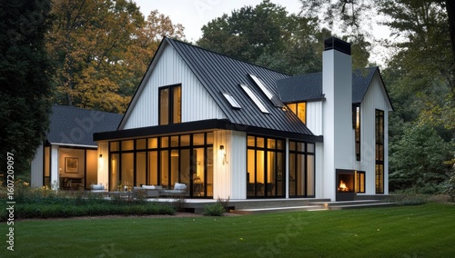 Modern farmhouse home at twilight, featuring a black metal roof, white siding, and large windows