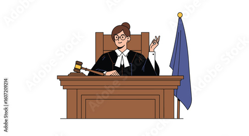 The judge presiding over a courtroom session with a gavel and flag in the background symbolizing justice and law