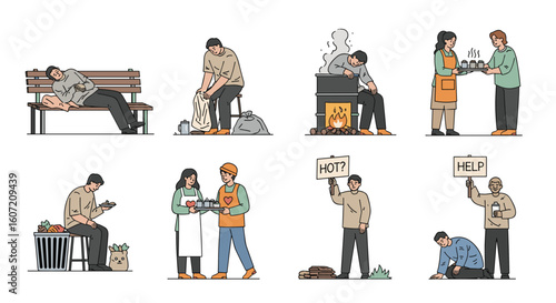 Illustrations depicting social issues including homelessness poverty and community support efforts
