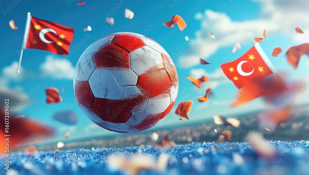 Fototapeta premium Soccer ball in mid-air, with flags and confetti