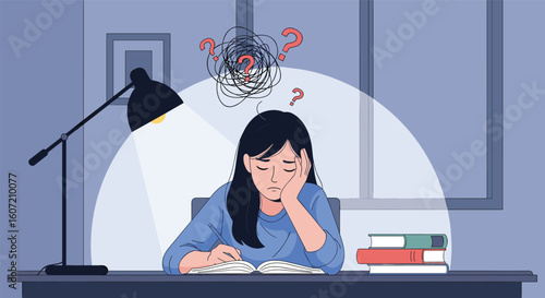 A young student is feeling overwhelmed and stressed while studying late at night at her desk