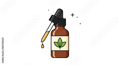 Natural herbal extract oil dropper bottle with leaf symbol showing essential fluid dropping down