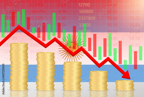 Argentina Economy. Flag of Argentina with Falling Financial Graph. Economic Crisis and Global Recession Concept. Vector Illustration.  