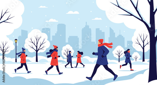 People enjoying a winter morning jogging in a snow covered city park while snowflakes fall gently