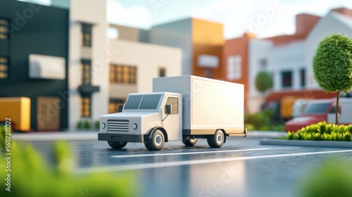 Fototapeta Naklejka Na Ścianę i Meble -  Toy delivery truck on a bright sunny day in a vibrant city with colorful buildings and greenery surrounding the streets