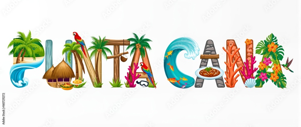 Obraz premium Vibrant Punta Cana Design Showcasing Tropical Elements and Cultural Icons