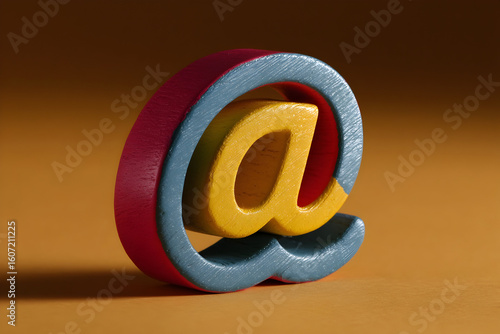 Bright colorful at symbol rest on a yellow floor conveys modern communication and digital themes in a gritty alleyway setting