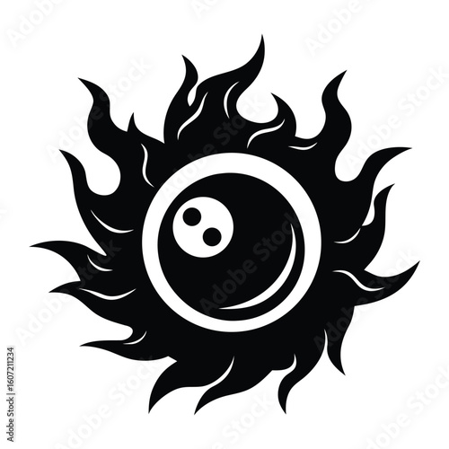 Fiery Silhouette Bowling Ball Design Sun Logo Graphic on White Background