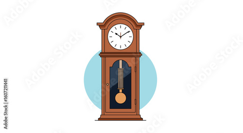 Classic grandfather clock with pendulum swinging and white background and teal circle