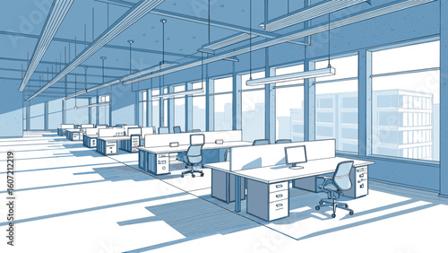 Sunlit modern open-plan office interior with desks, chairs, computers, and city skyline view