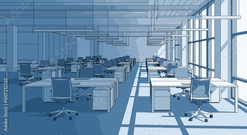 Bright modern office interior with rows of empty desks and chairs bathed in natural light from large windows