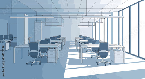 Spacious modern office interior with desks, chairs, and natural light streaming through large windows, ready for productive work