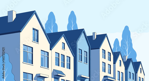 Charming row of modern townhouses with blue roofs and creamy walls nestled amongst stylized blue trees, perfect for real estate