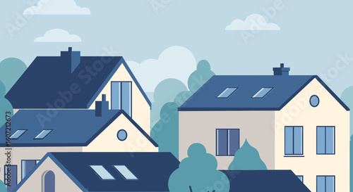 Charming suburban neighborhood with cozy homes and lush trees under a peaceful sky