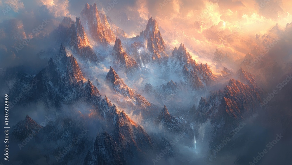 Fototapeta premium Epic mountain range at sunrise, shrouded in mist