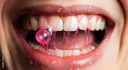 Extreme close-up of an open mouth with sticky pink bubble gum melted and stuck across the white teeth and wet lips.