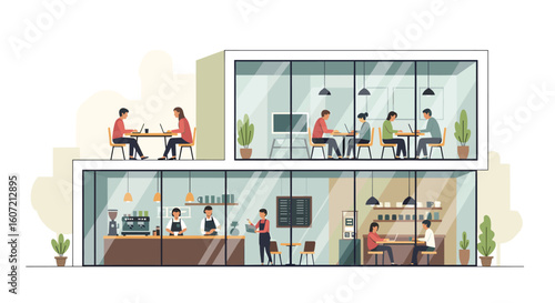 Modern co-working cafe buzzes with professionals collaborating and enjoying coffee, fostering productivity and community in stylish spaces.