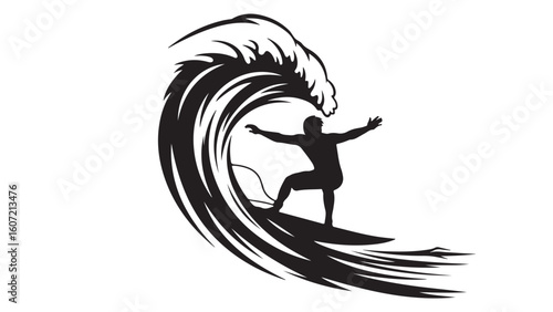 Vector graphic of a surfer riding a big wave in black and white