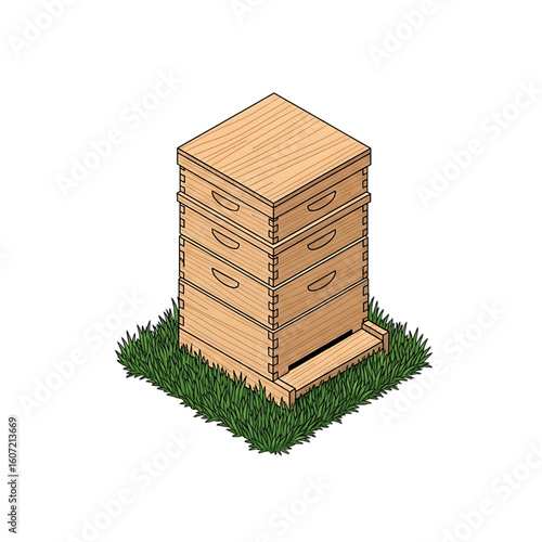 Wooden hive on grass patch, symbolizing beekeeping and pollination.