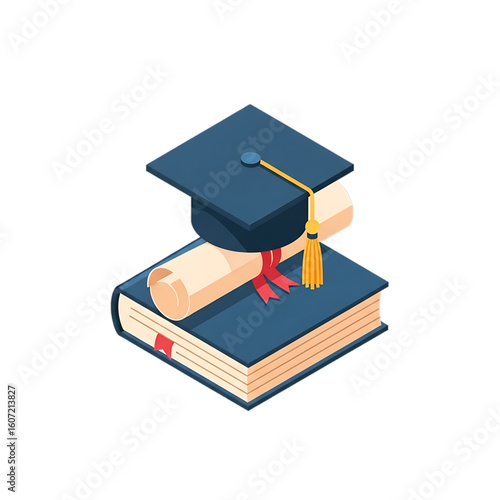 Graduation cap on books, symbolizing achievement and education.