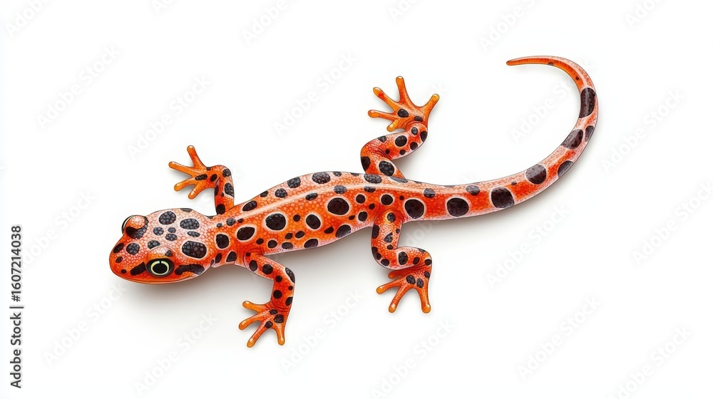 Obraz premium Vibrant Red and Black Spotted Salamander on White Background Captured in High Detail
