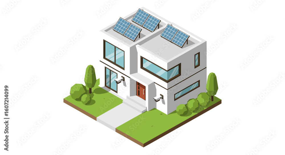 Sleek modern eco-home with solar panels and security cameras, showcasing sustainable living and smart technology in a clean isometric view. Sleek modern eco-home with solar panels and security cameras, showcasing sustainable living and smart technology in a clean isometric view.