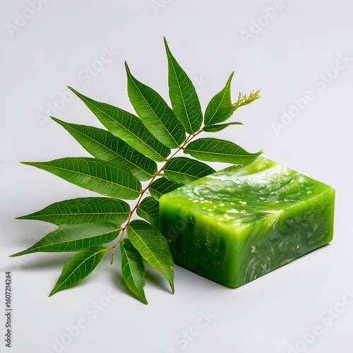 Green soap bar with neem leaves on white background