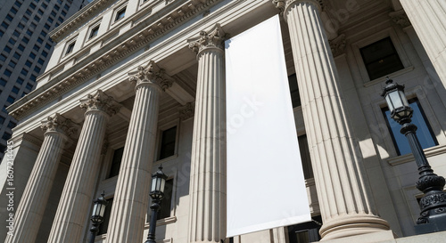 Grand Neoclassical Building Facade with Blank Vertical Banner