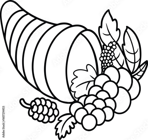 Black and white cornucopia with grapes and leaves for coloring page