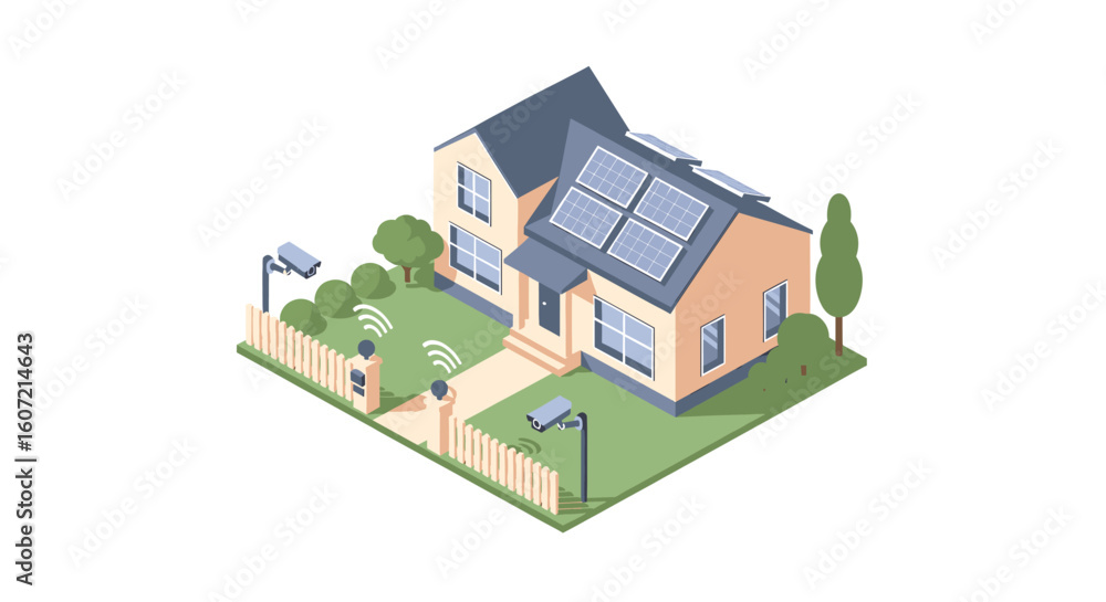Smart home security and solar power system for modern residential property, ensuring safety and energy efficiency Smart home security and solar power system for modern residential property, ensuring safety and energy efficiency