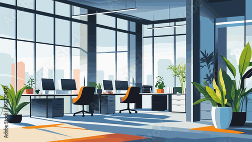 Modern office interior with desks, computers, and plants in a bright and spacious design