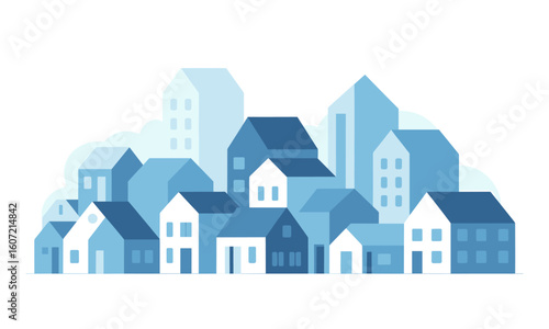 Vibrant cityscape illustration showcasing modern homes and tall buildings in a calming blue palette, perfect for urban design projects