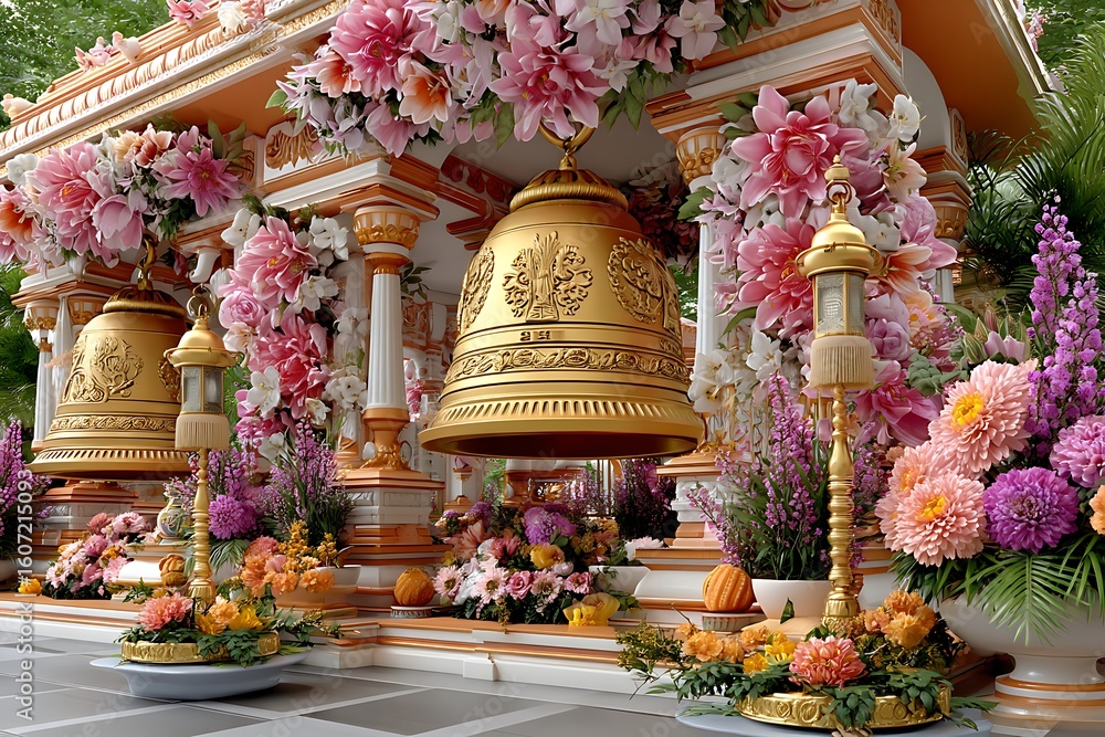 Fototapeta premium Golden temple bell with vibrant flowers high resolution picture